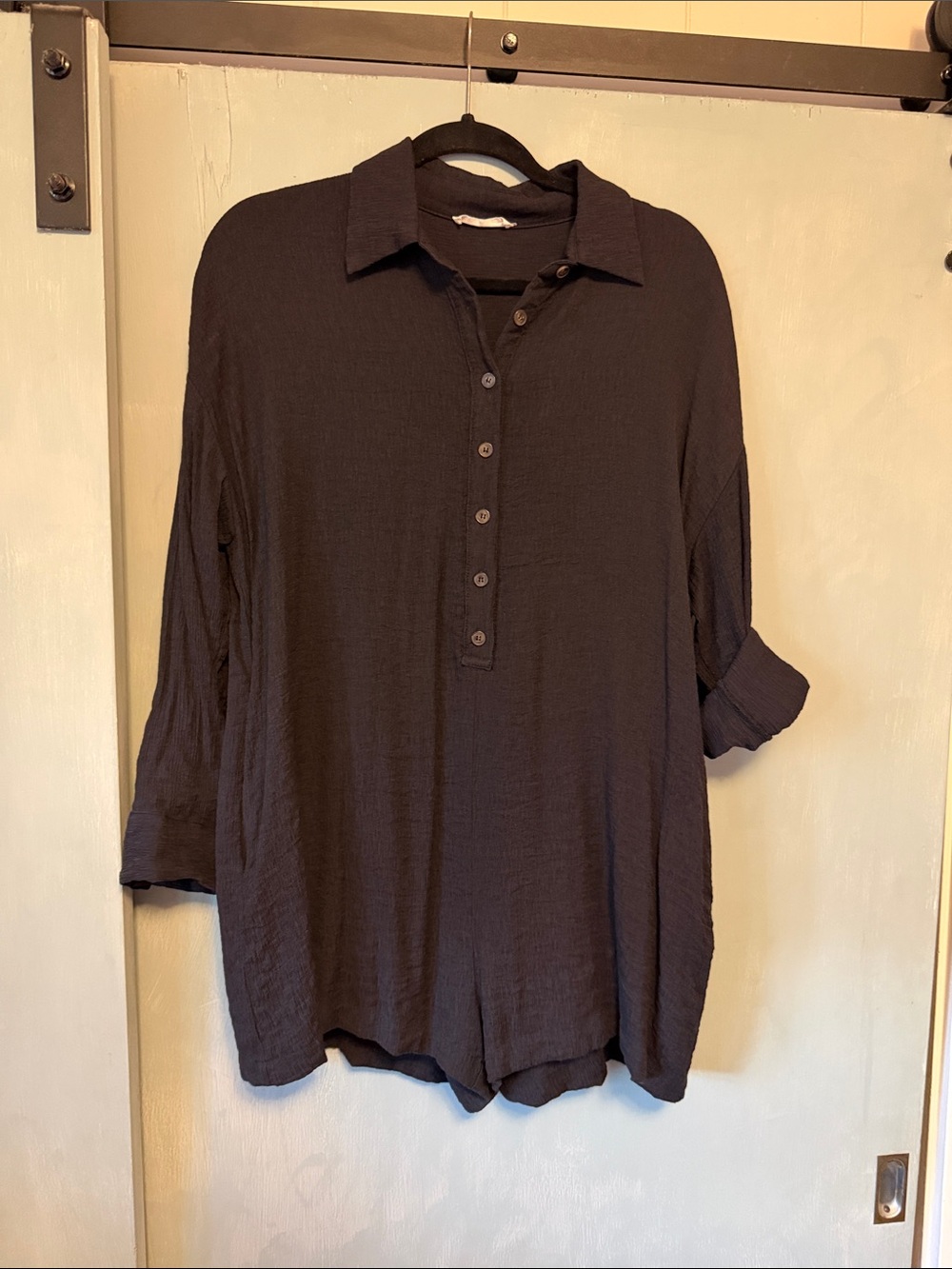 Button-Front Collared Romper - Black